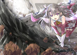 Rule 34 | 1girl, :d, ascot, breasts, cross, detached sleeves, discharge view, fate/kaleid liner prisma illya, fate (series), floating hair, gloves, hair between eyes, highres, holding, holding sword, holding weapon, layered skirt, long hair, long sleeves, miniskirt, open mouth, pink eyes, pink shirt, pink sleeves, pink thighhighs, prisma illya, shirt, silver hair, skirt, sleeveless, sleeveless shirt, small breasts, smile, solo, sword, thighhighs, weapon, white gloves, yellow ascot, zettai ryouiki