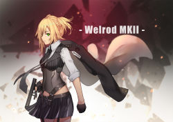 Rule 34 | 1girl, ammunition pouch, arm at side, belt, black gloves, black necktie, black skirt, blonde hair, bolt action, braid, breasts, buckle, buttons, character name, closed mouth, collared shirt, corset, do2mi doreimi, elbow sleeve, floating hair, from side, garter straps, girls&#039; frontline, gloves, green eyes, gun, half gloves, handgun, highres, holding, holding gun, holding weapon, holster, integral suppressor, integrally-suppressed firearm, light particles, looking at viewer, manual firearm, medium breasts, necktie, pinstripe pattern, pinstripe vest, pistol, pleated skirt, pouch, shirt, short hair, short twintails, sidelocks, skindentation, skirt, solo, strap, striped clothes, striped vest, suppressor, thigh holster, thigh strap, thighs, trigger discipline, twintails, vest, weapon, welrod, welrod mk ii, welrod mkii (girls&#039; frontline), white shirt, wind, wind lift