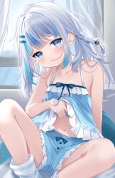 Rule 34 | 1girl, absurdres, bare arms, bare shoulders, blue bow, blue camisole, blue hair, blue tail, blush, bow, breasts, camisole, camisole lift, chocola vt, cleavage, closed mouth, clothes lift, collarbone, commentary, couch, curtains, denim, denim shorts, dot nose, english commentary, feet out of frame, fins, fish tail, gawr gura, hair ornament, hairclip, highres, hololive, hololive english, indoors, lifting own clothes, looking at viewer, midriff peek, navel, shark tail, short shorts, shorts, sidelocks, sitting, small breasts, solo, spaghetti strap, stomach, tail, thighs, virtual youtuber, window