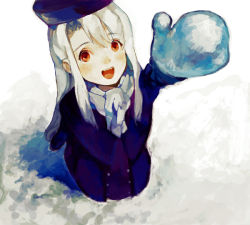 Rule 34 | 1girl, coat, fate/stay night, fate (series), hat, illyasviel von einzbern, long hair, mittens, open mouth, perspective, potatozoo, purple hat, red eyes, scarf, snow, solo, white hair, winter clothes