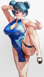 1girl alternate_breast_size armpits black_panties black_shoes blue_dress blue_hair breasts china_dress chinese_clothes cleavage commission crane_stance double_bun dress fighting_stance gluteal_fold hair_bun highleg highleg_panties highres ikuchan_kaoru large_breasts long_hair looking_at_viewer love_live! love_live!_sunshine!! panties partially_visible_vulva purple_eyes shoes short_hair simple_background skeb_commission sleeveless sleeveless_dress solo standing standing_on_one_leg thick_thighs thigh_strap thighs tsushima_yoshiko underwear