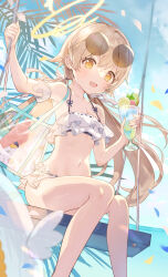Rule 34 | 1girl, absurdres, bare legs, bare shoulders, bikini, blue archive, blush, collarbone, day, eyewear on head, feet out of frame, flat chest, food, frilled bikini, frills, halo, hifumi (blue archive), hifumi (swimsuit) (blue archive), highres, holding, light brown hair, long hair, navel, official alternate costume, open mouth, outdoors, peroro (blue archive), round eyewear, sitting, solo, sunglasses, swimsuit, ume (plumblossom), white bikini, yellow eyes, yellow halo