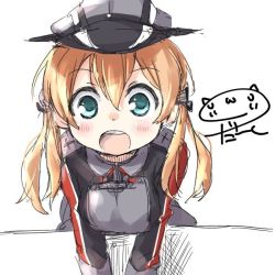 Rule 34 | 10s, 1girl, :o, anchor hair ornament, bad id, bad twitter id, blonde hair, blue eyes, blush, darkside, hair ornament, hat, kantai collection, leaning, leaning forward, long hair, long sleeves, looking at viewer, military, military uniform, open mouth, peaked cap, prinz eugen (kancolle), signature, solo, twintails, uniform
