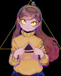 Rule 34 | 1girl, :3, bill cipher, black background, blue skirt, brown hair, closed mouth, eyelashes, glowing, glowing eyes, gravity falls, hairband, hand gesture, hands up, highres, long hair, long sleeves, looking at viewer, mabel pines, own hands together, skirt, smile, solo, sweater, swept bangs, tamaki (tamaki599), triangle, triangle print, turtleneck, upper body, yellow eyes, yellow sweater