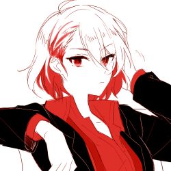Rule 34 | 1girl, 6 (yuchae), adjusting hair, antenna hair, black jacket, closed mouth, hair between eyes, honkai (series), honkai impact 3rd, jacket, looking at viewer, monochrome, polo shirt, red eyes, red hair, red shirt, red theme, seele (alter ego), seele vollerei, shirt, short hair, simple background, sketch, solo, v-shaped eyebrows, white background