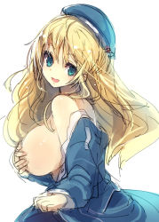 Rule 34 | 10s, 1girl, atago (kancolle), blonde hair, blue eyes, breasts, covering privates, covering breasts, hat, kantai collection, large breasts, long hair, looking at viewer, military, military uniform, open mouth, simple background, smile, solo, ukyo rst, uniform, white background