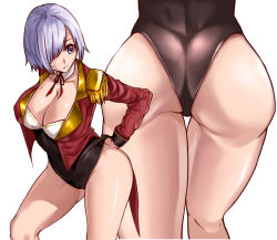 Rule 34 | 1girl, absurdres, alternate costume, ass, black leotard, breasts, cleavage, closed mouth, collarbone, cowboy shot, cropped jacket, epaulettes, fate/grand order, fate (series), hair over one eye, highres, kisaragi tsurugi, large breasts, leotard, long sleeves, mash kyrielight, mash kyrielight (welcome to the travelling circus!), multiple views, official alternate costume, purple eyes, short hair, silver hair, tailcoat