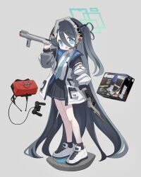 Rule 34 | 1girl, absurdly long hair, absurdres, aris (blue archive), atat250, black hair, black jacket, black skirt, black socks, blue archive, blue eyes, blue jacket, blue necktie, box, collared shirt, controller, full body, game console, game controller, grey background, hair between eyes, hair ornament, halo, hand up, headset, highres, holding, holding weapon, jacket, light blush, light gun, long bangs, long hair, looking at viewer, microphone, multicolored clothes, multicolored jacket, necktie, one side up, open clothes, open jacket, open mouth, over shoulder, photo inset, pleated skirt, power glove (nintendo), raised eyebrows, shirt, shirt tucked in, shoes, sideways glance, simple background, skirt, sleeve rolled up, smile, sneakers, socks, solo, standing, super scope, very long hair, virtual boy, weapon, weapon over shoulder, white jacket, white shirt