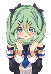 Rule 34 | 1girl, black serafuku, black shirt, blush, clenched hands, detached sleeves, green eyes, green hair, hair between eyes, hair ornament, hairclip, highres, kantai collection, long hair, ribbon, school uniform, serafuku, shirt, simple background, solo, suzuki toto, twintails, twintails day, upper body, white background, yamakaze (kancolle)