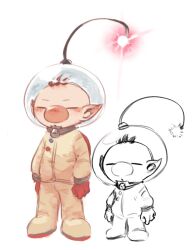 Rule 34 | 1boy, alien, backpack, bag, big nose, brown hair, buttons, clenched hands, closed eyes, commentary request, e pikxxz, full body, gloves, helmet, highres, korean commentary, male focus, nintendo, olimar, open mouth, pikmin (series), pointy ears, radio antenna, red bag, red gloves, red light, short hair, sketch, space helmet, spacesuit, very short hair, whistle, white background