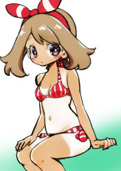 Rule 34 | 1girl, bikini, breasts, brown hair, chorimokki, cleavage, creatures (company), from side, game freak, gradient background, green background, hair ribbon, halterneck, hand on own thigh, legs together, long hair, looking at viewer, may (pokemon), navel, nintendo, parted bangs, pokemon, pokemon oras, red bikini, ribbon, side-tie bikini bottom, solo, striped bikini, striped clothes, swept bangs, swimsuit, tan, tanline, vertical-striped bikini, vertical-striped clothes, white background