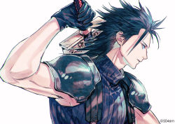 Rule 34 | 1boy, 5046m, armor, artist name, bad id, bad pixiv id, black gloves, black hair, blue eyes, final fantasy, final fantasy vii, gloves, looking to the side, male focus, profile, solo, spiked hair, sword, twitter username, upper body, weapon, zack fair