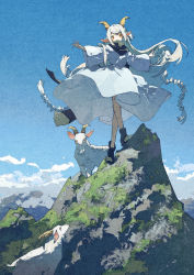 Rule 34 | 1girl, animal ears, black scarf, blue sky, blush, commentary request, day, dress, full body, goat, goat ears, goat girl, goat horns, highres, horns, long hair, long sleeves, looking at viewer, low-braided long hair, low-tied long hair, mountain, mountainous horizon, original, outdoors, outstretched arms, parted lips, potg (piotegu), scarf, sidelocks, sky, solo, standing, very long hair, white dress, wide sleeves