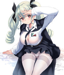 Rule 34 | 10s, absurdres, anchovy (girls und panzer), anzio military uniform, anzio school uniform, bad id, bad nicoseiga id, black necktie, black ribbon, breasts, cleavage cutout, clothing cutout, commentary request, drill hair, emblem, girls und panzer, green hair, highres, large breasts, long hair, long sleeves, looking at viewer, necktie, panties, panties under pantyhose, pantyhose, ponytail korosuke, ribbon, riding crop, school uniform, shoulder belt, solo, thighs, twin drills, underwear