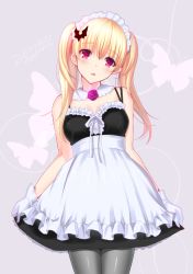 Rule 34 | 1girl, bad id, bad twitter id, black pantyhose, blonde hair, blush, fang, gloves, hair ornament, looking at viewer, maid, maid headdress, original, pantyhose, red eyes, saikawa yusa, simple background, skirt hold, solo, twintails, white gloves