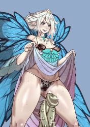 Rule 34 | 1girl, @ @, absurdres, bare shoulders, black bow, blue background, blue eyes, blue nails, blush, bow, bow panties, breath, clothes lift, covered erect nipples, dildo, dress, dress lift, ebonyxh, fairy wings, female pubic hair, final fantasy, final fantasy xiv, fingernails, floral print, glint, gradient clothes, heavy breathing, highres, jewelry, lingerie, long hair, nail polish, necklace, nipples, open mouth, panties, pointy ears, pubic hair, purple lips, pussy juice, pussy juice trail, see-through, sex toy, simple background, solo, spread legs, sweat, tiara, titania (final fantasy), underwear, white pubic hair, wings