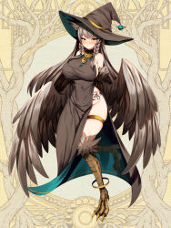 Rule 34 | 1girl, anklet, aura venefika, bird legs, black dress, black hat, braid, breasts, brown hair, covered navel, dairoku ryouhei, dress, feathered wings, full body, harpy, hat, impossible clothes, jewelry, large breasts, looking at viewer, marota, mole, mole on breast, monster girl, sleeveless, sleeveless dress, tattoo, thigh strap, twin braids, winged arms, wings, witch hat, yellow background