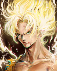 Rule 34 | 1boy, bad id, bad pixiv id, blonde hair, blood, blood from mouth, bruise, chromatic aberration, collarbone, dragon ball, dragonball z, electricity, energy, green eyes, highres, injury, kanchiyo, long neck, male focus, portrait, serious, solo, son goku, static electricity, super saiyan, super saiyan 1, torn clothes