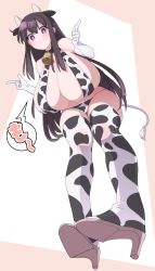 Rule 34 | 1girl, :o, akitokage, animal ears, animal print, bare shoulders, bikini, black collar, black hair, blush, breasts, cleavage, collar, cow ears, cow girl, cow horns, cow print, cow print bikini, cow tail, cowbell, elbow gloves, finger gun, foreshortening, from below, gigantic breasts, gloves, halterneck, hanging breasts, high heels, highres, horns, leaning forward, long hair, looking at viewer, looking down, original, patterned legwear, pigeon-toed, pointing, print bikini, purple eyes, simple background, skindentation, solo, speech bubble, standing, swimsuit, tail, thick thighs, thighhighs, thighs, translated, white background, white gloves