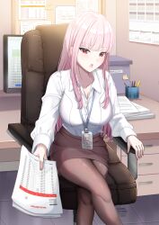 Rule 34 | 1girl, breasts, collarbone, crossed legs, desk, dress shirt, highres, holding, holding paper, hololive, hololive english, id card, lanyard, large breasts, monitor, mori calliope, office lady, open mouth, orihimestudio, pantyhose, paper, paper stack, pencil skirt, pink hair, red eyes, shirt, sitting, skirt, solo, swivel chair, virtual youtuber, white shirt