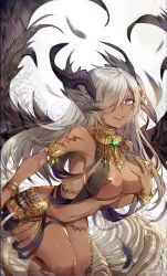 Rule 34 | 1girl, arm at side, arm tattoo, armlet, bangle, bare shoulders, black panties, black wings, bone, bracelet, breasts, brown lips, cleavage, commentary, cowboy shot, dark-skinned female, dark skin, demon girl, demon horns, demon wings, eyelashes, feather hair ornament, feathered wings, feathers, fingernails, gem, glint, gold, grey hair, hair ornament, hair over one eye, hand on breast, hand up, highres, horns, jewelry, large breasts, leg up, lipstick, long fingernails, long hair, makeup, midriff, navel, necklace, original, panties, parted lips, pasties, purple eyes, revealing clothes, samu (a117216), smile, solo, spread wings, standing, standing on one leg, stomach, string panties, tattoo, teeth, underwear, wings
