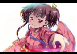 Rule 34 | 10s, 1girl, blunt bangs, blurry, bow, brown hair, closed mouth, depth of field, foreshortening, glint, japanese clothes, kimono, koutetsujou no kabaneri, kumao mofumofu, letterboxed, lips, long sleeves, looking at viewer, mumei (kabaneri), outstretched arm, red eyes, sash, short twintails, simple background, smile, solo, tareme, twintails, upper body, white background, wide sleeves, yellow bow
