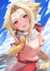 Rule 34 | 1girl, blonde hair, blue sky, blush, day, dress, facial mark, fingerless gloves, fiona (zoids), forehead mark, gloves, hair ornament, hair ribbon, highres, long hair, looking at viewer, open mouth, outdoors, pink dress, ponytail, red eyes, ribbon, rui rubellent, sky, smile, solo, zoids