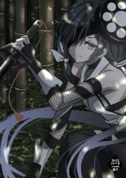 Rule 34 | 1girl, absurdres, bamboo, bamboo forest, black hair, dated, eyepatch, fate/grand order, fate (series), fishnet sleeves, fishnets, forest, highres, low twintails, mochizuki chiyome (fate), nature, ninjatou, purple eyes, reverse grip, short sword, signature, sword, tattoo, tsukaasa, twintails, weapon