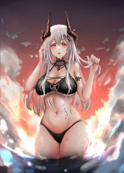 Rule 34 | 1girl, :o, absurdres, arknights, armlet, backlighting, bare arms, bare shoulders, black choker, blush, breasts, choker, cleavage, collarbone, cowboy shot, evening, hair between eyes, hair ornament, highres, horns, infection monitor (arknights), jewelry, large breasts, long hair, material growth, mudrock (arknights), mudrock (silent night) (arknights), navel, necklace, official alternate costume, open mouth, oripathy lesion (arknights), outdoors, poni (poni arknights), red eyes, red sky, silver hair, skindentation, sky, solo, stomach, sunlight, sunset, thighs, underboob, wading, water, water drop, wet, wet hair