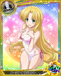 Rule 34 | 10s, 1girl, ahoge, artist request, asia argento, bikini, bishop (chess), blonde hair, breasts, card (medium), character name, chess piece, cleavage, covered erect nipples, green eyes, high school dxd, long hair, official art, pink bikini, see-through, shiny skin, side-tie bikini bottom, solo, swimsuit, tears, towel, trading card, very long hair