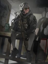 Rule 34 | 1girl, assault rifle, black gloves, call of duty, call of duty: modern warfare 2, commission, fn scar, gloves, grey hair, grey jacket, grey pants, gun, highres, jacket, looking to the side, maxturbo69, optical sight, original, pants, patch, rifle, shadow company, shooting range, silhouette target, sitting, smile, solo, target practice, weapon