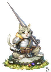 Rule 34 | armor, belt, cat, gauntlets, lance, lieqi hun, mushroom, no humans, original, personification, polearm, pouch, rock, simple background, sitting, tail, weapon, yellow eyes