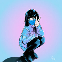 Rule 34 | 1girl, absurdres, black hair, blue mask, blue sweater, blunt bangs, commentary request, full body, gradient background, highres, long hair, long sleeves, mask, mouth mask, original, sergey orlov, signature, solo, squatting, surgical mask, sweater, v