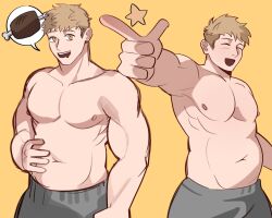 Rule 34 | 1boy, bara, boned meat, brown eyes, brown hair, closed eyes, commentary, drooling, dungeon meshi, english commentary, food, hand on own stomach, highres, kingcumlord, laios touden, looking at viewer, male focus, meat, mouth drool, multiple views, nipples, open mouth, plump, pointing, short hair, simple background, spoken food, topless male, undercut, upper body, very short hair, yellow background
