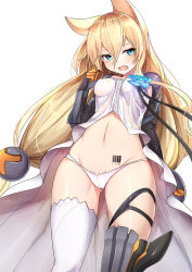 Rule 34 | 1girl, animal ears, arm behind back, asymmetrical legwear, barcode, barcode tattoo, blonde hair, blue eyes, blue flower, blush, breasts, covered erect nipples, crotch seam, dress, fang, flower, from below, g41 (girls&#039; frontline), girls&#039; frontline, gluteal fold, hair between eyes, hand up, hip focus, long hair, looking at viewer, luse maonang, mismatched legwear, navel, open mouth, panties, simple background, small breasts, solo, tattoo, thighhighs, thighs, underwear, very long hair, wavy mouth, white background, white dress, white panties, white thighhighs