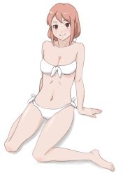 barefoot bikini brown_eyes brown_hair kneeling long_hair mousen solo swimsuit white_bikini