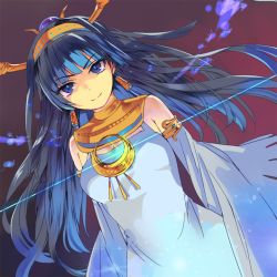 Rule 34 | 1girl, bad id, bad pixiv id, bare shoulders, black hair, breasts, cleavage, dutch angle, egyptian, gold, hairband, headdress, isis (p&amp;d), jewelry, long hair, lots of jewelry, nove (legge), puzzle &amp; dragons, smile, solo