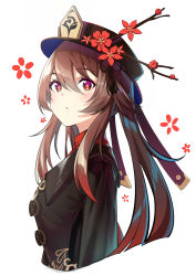 Rule 34 | 1girl, absurdres, black hat, brown hair, chinese clothes, cropped torso, floral print, flower, from side, genshin impact, hat, highres, hu tao (genshin impact), kuma-ra, long sleeves, looking at viewer, red eyes, red flower, simple background, solo, symbol-shaped pupils, twintails, upper body, white background