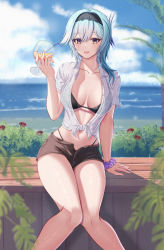 Rule 34 | 1girl, :d, alternate costume, arm support, bare legs, bikini, black bikini, black hairband, black shorts, blue hair, blue sky, brown eyes, cloud, commentary, cup, cupping glass, day, dealesis, drinking straw, eula (genshin impact), feet out of frame, genshin impact, hairband, hand up, highres, holding, holding cup, knees together feet apart, long hair, looking at viewer, navel, open fly, open mouth, outdoors, purple scrunchie, scrunchie, shirt, short shorts, short sleeves, shorts, sitting, sky, smile, solo, stomach, swimsuit, thighs, tied shirt, white shirt, wrist scrunchie