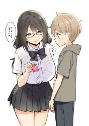 Rule 34 | 1boy, 1girl, ?, age difference, black bow, black bowtie, black hair, black skirt, blonde hair, bow, bowtie, breasts, brown eyes, commentary request, condom, condom wrapper, duplicate, glasses, glasses onee-san (sky (freedom)), grey eyes, highres, holding, holding condom, hood, hoodie, joshi kousei rich thots, large breasts, long hair, original, pixel-perfect duplicate, pleated skirt, school uniform, semi-rimless eyewear, short sleeves, shota-kun (sky-freedom), skirt, sky-freedom, smile, speech bubble, translation request, yurie (sky-freedom)