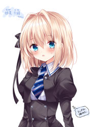 Rule 34 | 1girl, :o, arms at sides, black dress, black ribbon, blonde hair, blue eyes, blue necktie, blush, buttons, commentary request, dress, ears visible through hair, hair between eyes, hair intakes, hair ribbon, juliet sleeves, long sleeves, necktie, nogi takayoshi, open mouth, original, puffy sleeves, ribbon, short hair, simple background, solo, striped necktie, striped neckwear, sweat, tareme, thought bubble, translated, upper body, white background, wing collar