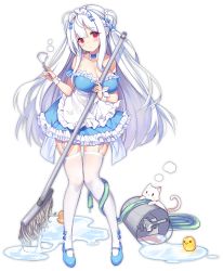 Rule 34 | 1girl, apron, azur lane, blush, breasts, bucket, cat, cleavage, cygnet (an offer to be maid) (azur lane), cygnet (azur lane), detached collar, double bun, dress, duster, full body, garter belt, hair bun, hecha (01964237), hose, large breasts, maid apron, mop, official alternate costume, red eyes, skindentation, solo, thighhighs, transparent background, turret, white hair, white thighhighs