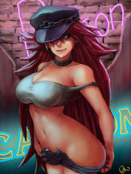 Rule 34 | 1girl, absurdres, big hair, blue eyes, breasts, capcom, character name, choker, clothes pull, denim, denim shorts, final fight, hat, highres, large breasts, long hair, midriff, navel, onofre wayne, peaked cap, pink hair, poison (final fight), pulling own clothes, short shorts, shorts, shorts pull, signature, smile, solo, strap slip, street fighter, tank top, wayne onofre