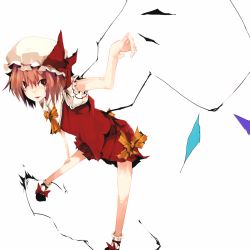 Rule 34 | 1girl, blonde hair, crystal, dress, female focus, flandre scarlet, full body, hat, kereno, looking at viewer, mob cap, puffy short sleeves, puffy sleeves, red dress, red eyes, short sleeves, simple background, solo, touhou, vampire, white background