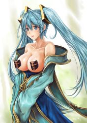 Rule 34 | bare shoulders, blue eyes, blue hair, blush, breasts, cleavage, draven, league of legends, long hair, sona (league of legends), tongue, twintails