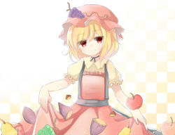 Rule 34 | 1girl, aki minoriko, apple, bad id, bad pixiv id, blonde hair, checkered background, chestnut, dress, ellipsis (mitei), food, fruit, gradient background, grapes, hat, head tilt, layered dress, looking at viewer, mob cap, neck ribbon, pear, puffy short sleeves, puffy sleeves, red eyes, ribbon, short hair, short sleeves, skirt hold, smile, solo, sparkle, sweet potato, touhou
