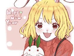 Rule 34 | 1girl, animal ears, blonde hair, brown eyes, carrot (one piece), close-up, commentary request, happy new year, highres, looking at viewer, new year, one piece, open mouth, rabbit ears, rabbit girl, sa wint, short hair, smile, solo