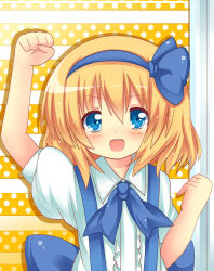 Rule 34 | 1girl, alice margatroid, alice margatroid (pc-98), arm up, bad id, bad pixiv id, blonde hair, blue eyes, blush, bow, child, clenched hand, clenched hands, dress shirt, female focus, hair bow, headband, highres, light particles, looking at viewer, manatsu no yo no inmu, mystic square, neckerchief, open mouth, polka dot, polka dot background, puffy sleeves, raised fist, shinekalta, shirt, short hair, short sleeves, solo, striped, striped background, teeth, touhou, touhou (pc-98)
