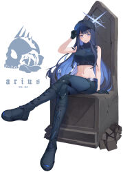 Rule 34 | 1girl, absurdres, andamiro, baseball cap, black footwear, black gloves, black hair, black hat, black pants, black shirt, blue archive, blue eyes, blue hair, blue halo, boots, breasts, colored inner hair, commentary, crossed legs, full body, gloves, halo, hat, highres, korean commentary, large breasts, long hair, looking at viewer, multicolored hair, navel, open mouth, pants, saori (blue archive), shirt, simple background, sitting, sleeveless, sleeveless shirt, solo, thigh boots, white background