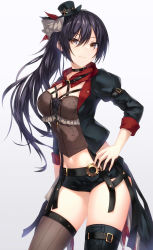 Rule 34 | 1girl, alternate costume, black hair, breasts, choker, cleavage, closed mouth, commentary request, hair ornament, hat, highres, idolmaster, idolmaster shiny colors, large breasts, long hair, looking at viewer, navel, ponytail, shindou tsurami, shirase sakuya, short shorts, shorts, smile, solo, thighhighs, very long hair, yellow eyes